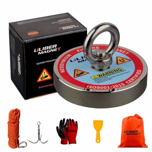 ULIBERMAGNET Aimant de pêche super fort 400kg Traction,n52 néodyme recyclé aimant de pêche diamètre 90mm avec corde et gants préférés, idéal pour la récupération, le Trésor et le recyclage…… von ULIBERMAGNET