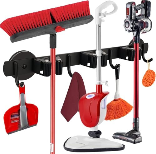 ULIBERMAGNET Magnetischer Mop-Besen-Halter,Movable Magnetic Broom Holder Rack,Anti-Rutsch-Wand montiert Utility Storage Mop Schaufel Hanger für Garage, Küche, Wäscherei, Garten(3 Racks / 4 Haken) von ULIBERMAGNET