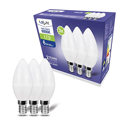 ULIGHT E14 LED Lampe, 6W entspricht 50W Glühlampe, 6000K kaltweißes Licht, 550 Lumen, 220 V-240 V, nicht dimmbar, 210 ° Strahl, 3er-Pack von ULIGHT