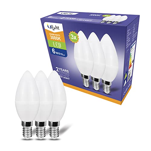 ULIGHT E14 Olive LED Birne, 6W entspricht 50W Glühlampe, 3000K warmweißes Licht, 510 Lumen, 220V-240V nicht dimmbar, 210° Lichtstrahl, 3er Pack von ULIGHT