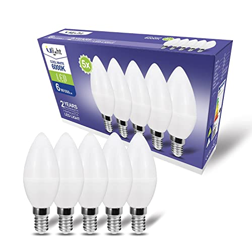 ULIGHT E14 LED Lampe, 6W entspricht 50W Glühlampe, 6000K kaltweißes Licht, 550 Lumen, 220 V-240 V, nicht dimmbar, 210 ° Strahl, 5er-Pack von ULIGHT