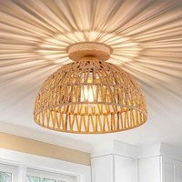 Ulisem Moderne halbbündige Deckenleuchte, Boho halbbündige Pendelleuchte, Holzdeckenschale, E27-Sockel, Rattankorb-Lampenschirm, handgewebte von ULISEM