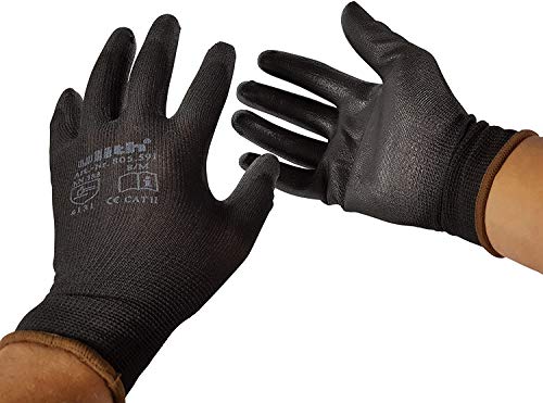 12 Paar Arbeitshandschuhe Bauhandschuhe Montagehandschuhe mit PU-Teilbeschichtung von Ulith EN 420 EN 388 unterschiedliche Größen in schwarz erhältlich Gr.XL 10 Farbe schwarz von ULITH