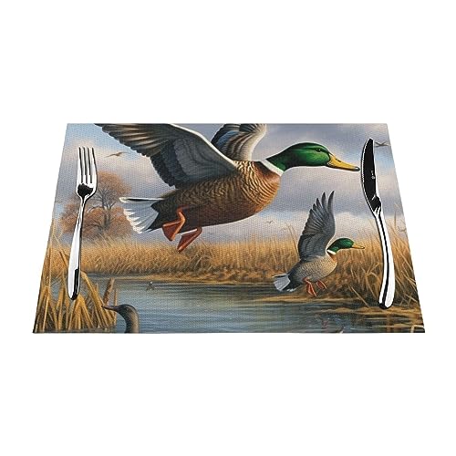 Platzdeckchen-Set, Motiv: Jagd fliegende Wildenten am See, aus PVC, gewebt, 6-teilig, für Esstische, hitzebeständig, rutschfeste Untersetzer von ULKMFFCF