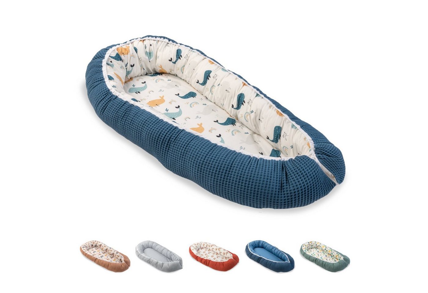 ULLENBOOM ® Bettnestchen Kuschelnest Baby 55x95 cm, kuscheliges Babynest, Made in EU, (1-tlg), Ideal für Neugeborene als Reisebett, Blau Wale von ULLENBOOM ®