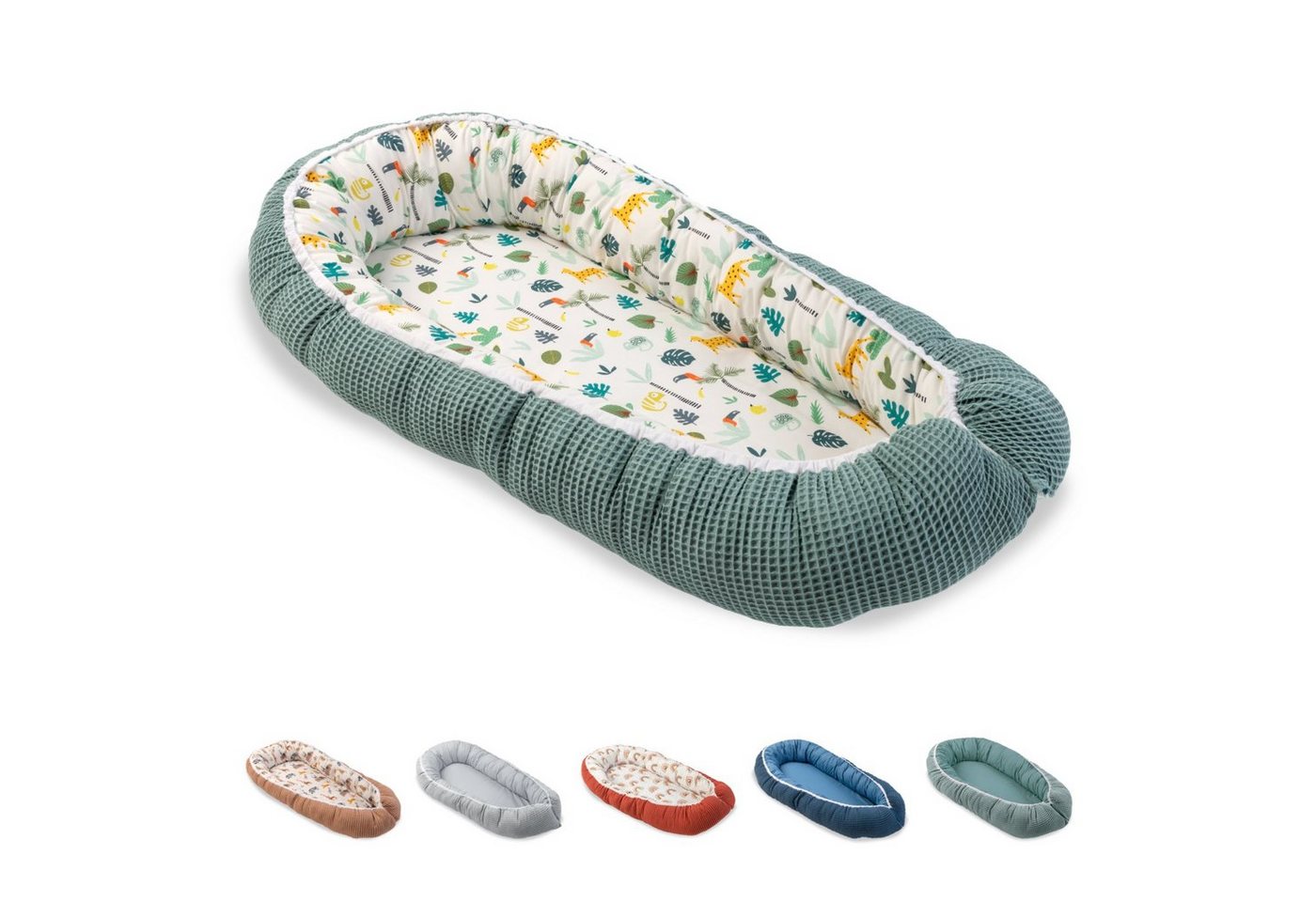 ULLENBOOM ® Bettnestchen Kuschelnest Baby 55x95 cm, kuscheliges Babynest, Made in EU, (1-tlg), Ideal für Neugeborene als Reisebett, Salbeigrün Regenwald von ULLENBOOM ®