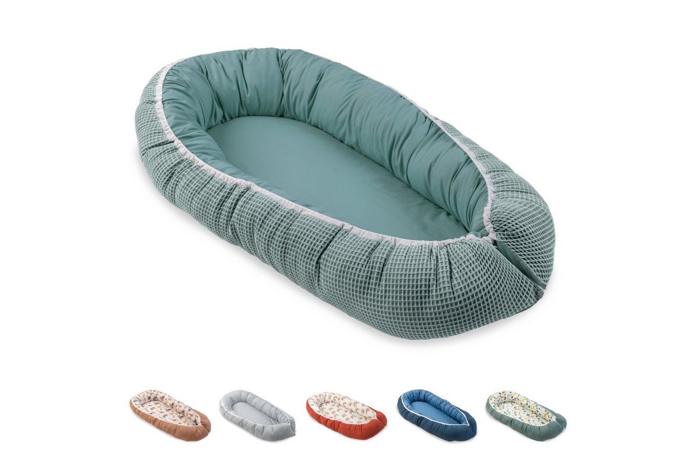 ULLENBOOM ® Bettnestchen Kuschelnest Baby 55x95 cm, kuscheliges Babynest, Made in EU, (1-tlg), Ideal für Neugeborene als Reisebett, Salbeigrün Regenwald von ULLENBOOM ®