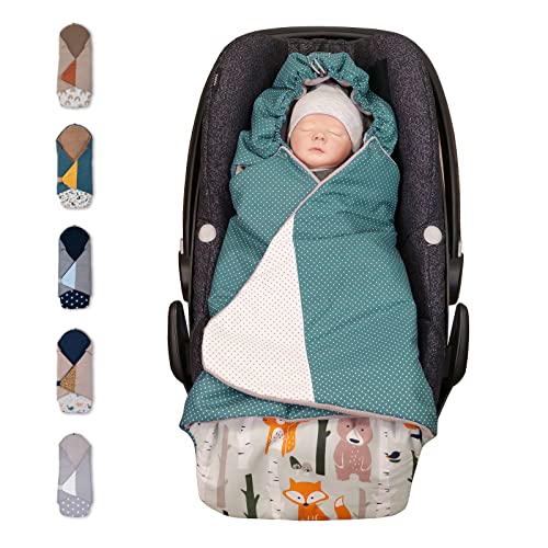 ULLENBOOM Einschlagdecke Babyschale Sommer, Aus 100% OEKO-TEX Materialien - Waldtiere Petrol (Made in EU) - Decke für Babyschale & Kinderwagen, Für gängige Kindersitze, ideal für 0 bis 9 Monate von ULLENBOOM