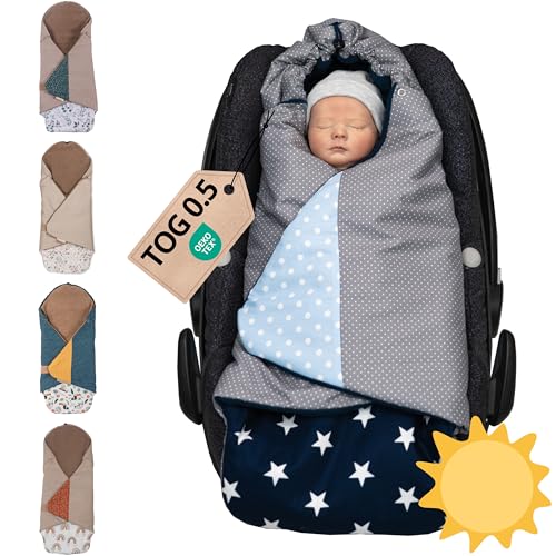 ULLENBOOM Einschlagdecke Babyschale Sommer, Aus 100% OEKO-TEX Materialien - Blau Hellblau Grau (Made in EU) - Decke für Babyschale & Kinderwagen, Für gängige Kindersitze, ideal für 0 bis 9 Monate von ULLENBOOM