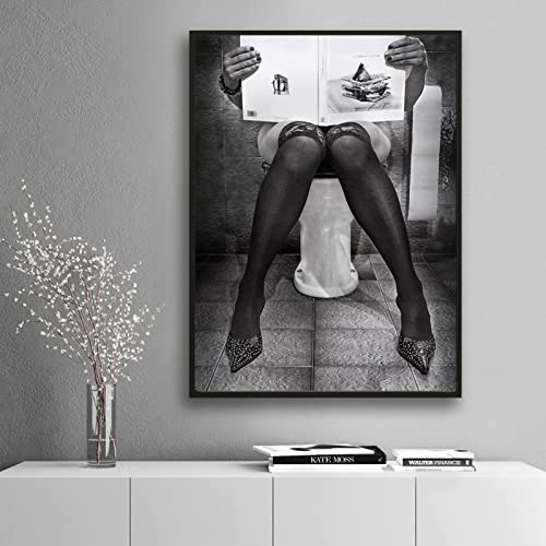 ULMYH Sexy Frauen Lesen Auf Toilette Poster Modefotografie Bild Schwarz Weiß Leinwand Wand Bilder Nordisches Modernes Wc Dekorativ 50 X 70 Cm Ohne Rahmen von ULMYH