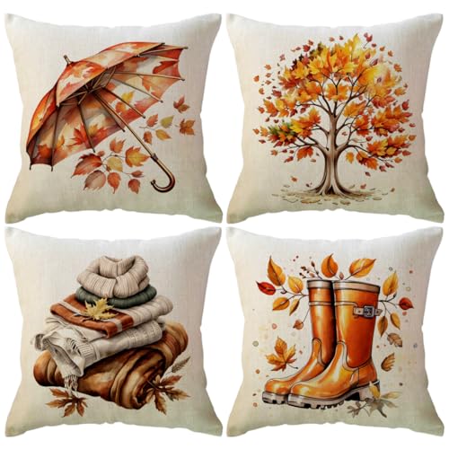 Dekorativer Kissenbezug für Herbst und Herbst, Ahornbaum, Regenschirm, gemütlicher Schal, 45,7 x 45,7 cm, Bauernhaus, Herbstsaison, Erntezeit, Erntedankfest, Dekoration, Orange, 4 Stück Dekorativer Kissenbezug für Herbst und Herbst, Ahornbaum, Regenschirm, gemütlicher Schal, 45,7 x 45,7 cm, Bauernhaus, Herbstsaison, Erntezeit, Erntedankfest, Dekoration, Orange, 4 Stück von ULOVE LOVE YOURSELF