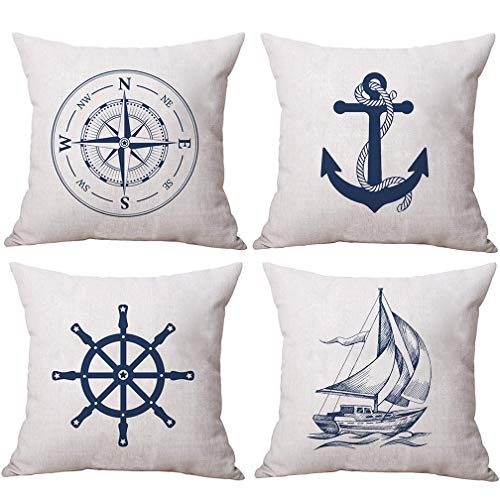 ULOVE LOVE YOURSELF Coastal Sailing Throw Pillow Case Blue Compass/Anchor/Sailboat/Navigation Pattern Ocean Theme Cushion Covers Nautical Beach Decorative Pillowcases 18×18 Inch,4 Pack von ULOVE LOVE YOURSELF