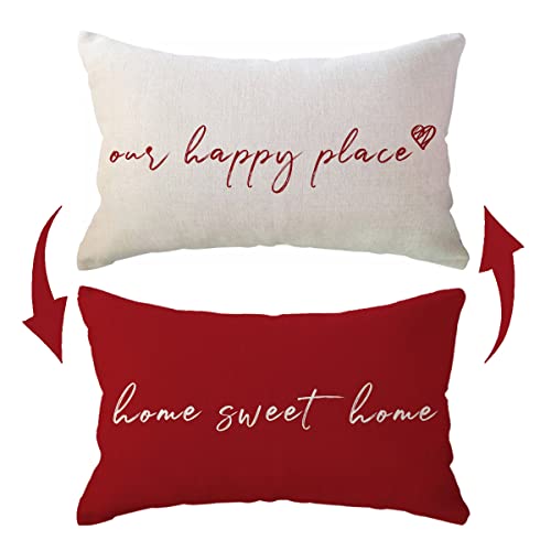 ULOVE LOVE YOURSELF Our Happy Place Wende-Kissenbezüge, Home Sweet Home, doppelseitig, Bauernhaus-Dekoration, Kissenbezüge für Sofa/Couch/Veranda (rot) von ULOVE LOVE YOURSELF