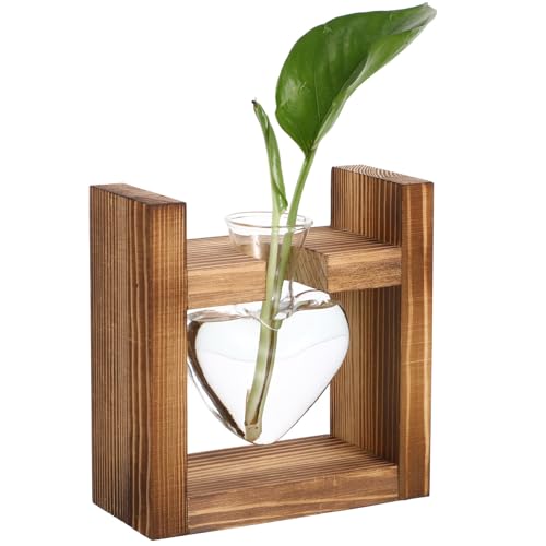 Herz-Glasvasen für Blumen: Desktop-Glasflaschen-Blumentopf für Pflanzen – Pflanzen-Terrarium-Ständer mit Vintage-Holzrahmen für Büro-Zuhause-Hochzeitsdekorationen Holz 1 von ULTECHNOVO