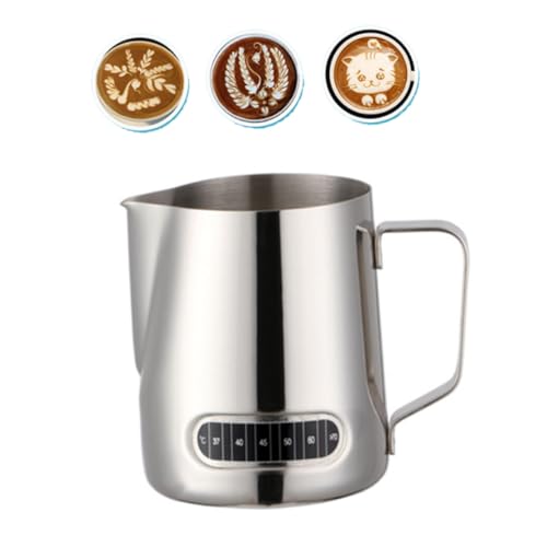 ULTECHNOVO Edelstahl Milchschaumkännchen mit Temperaturanzeige Spitz Zulaufender Latte Art Milchaufschäumer für Cappuccino und Espresso Lebensmittelecht Rostfrei Glänzend matte von ULTECHNOVO