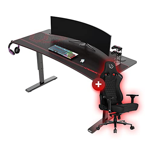 ULTRADESK Cruiser Computertisch Gaming-Schreibtisch + Throne Gaming-Tisch Gamingstuhl XXL Mauspad Home Office Einrichtung für bis zu 3 Monitore mit 3 Kabellöchern Getränkehalter Rot 160x70 cm von ULTRADESK