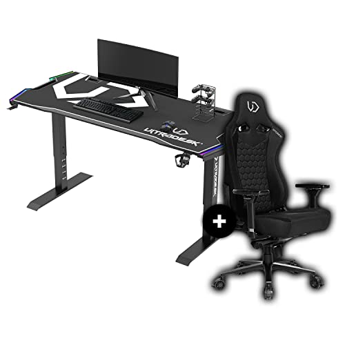 ULTRADESK Force Computertisch Gaming-Schreibtisch 166x70 cm + Throne Gaming-Tisch Gamingstuhl Mauspad Arbeitsfläche Ablage für Steckdosenleisten LED RGB Prismenbeleuchtung Schwarz Höhenverstellung von ULTRADESK