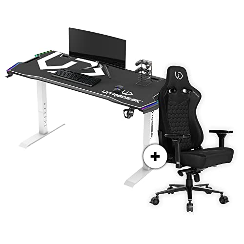 ULTRADESK Force Computertisch Gaming-Schreibtisch 166x70 cm + Throne Gaming-Tisch Gamingstuhl XXL Mauspad Arbeitsfläche Ablage für Steckdosenleisten LED RGB Prismenbeleuchtung Weiß Höhenverstellung von ULTRADESK