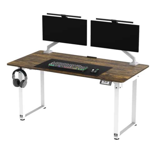 ULTRADESK - Höhenverstellbarer Schreibtisch, Gaming Tisch Stehtisch mit Zubehör - Computertisch bis zu 3 Monitore, Mauspad, Steuerungspanel, Kopfhörerhaken, Kabelclips - 160x75cm, Weiß/Braun von ULTRADESK