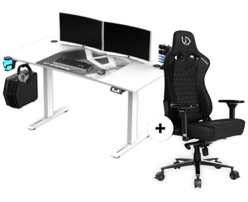 ULTRADESK - Level V2 Höhenverstellbarer Schreibtisch - Elektrischer Computertisch - 140x68 cm, für Gaming, Büro, Homeoffice - Set mit XL-Mauspad und Throne Gaming Stuhl - Weiß + Throne von ULTRADESK