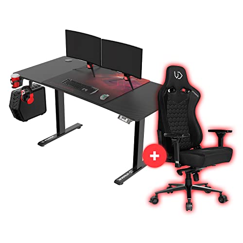 ULTRADESK - Level V2 Höhenverstellbarer Schreibtisch - Elektrischer Computertisch - 140x68 cm, für Gaming, Büro, Homeoffice - Set mit XL-Mauspad und Throne Gaming Stuhl - Rot + Throne von ULTRADESK