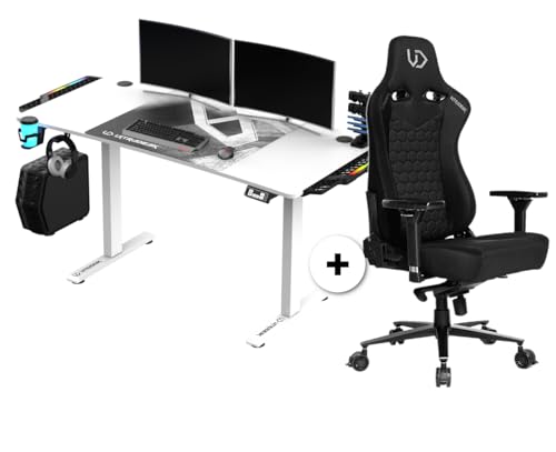 ULTRADESK - Level V2 Höhenverstellbarer Schreibtisch - Elektrischer Computertisch - 140x68 cm, für Gaming, Büro, Homeoffice - Set mit XL-Mauspad, LED RGB, Throne Gaming Stuhl - Weiß LED + Throne von ULTRADESK