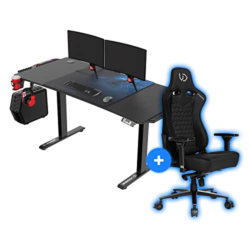 ULTRADESK - Level V2 Höhenverstellbarer Schreibtisch - Elektrischer Computertisch - 140x68 cm, für Gaming, Büro, Homeoffice - Set mit XL-Mauspad, LED RGB, Throne Gaming Stuhl - Blau LED + Throne von ULTRADESK
