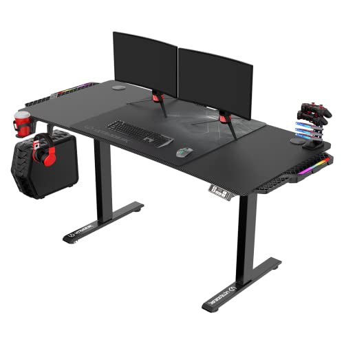 ULTRADESK Level V2 LED RGB Computertisch Gaming Tisch Schreibtisch mit elektrischer Höhenverstellung | Interner Speicher für 2 Einstellungen | Steckdosenleiste, XXL-Mauspad | Stahlgestell, 140x68 cm von ULTRADESK