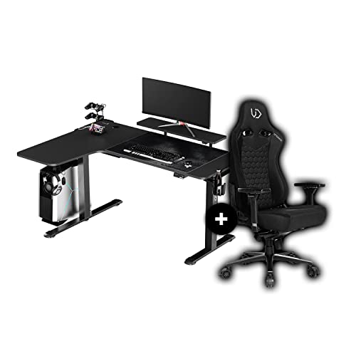 ULTRADESK Winger Gaming Schreibtisch Gaming Tisch L Form RGB LED 155x111x60 cm Links + Throne Gaming Stuhl, L-förmiger Ecktisch Eckschreibtisch, Höhenverstellbarer Computertisch elektrisch | Schwarz von ULTRADESK