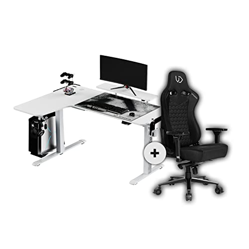 ULTRADESK Winger Gaming Schreibtisch Gaming Tisch L Form RGB LED 155x111x60 cm Links + Throne Gaming Stuhl, L-förmiger Ecktisch Eckschreibtisch, Höhenverstellbarer Computertisch elektrisch |Weiß von ULTRADESK