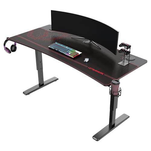 ULTRADESK Cruiser | Computertisch Gaming-Schreibtisch für bis zu 3 Monitore mit 3 Kabeldurchlässen, Ablage für Steckdosenleiste, XXL-Mauspad | Stahlrahmen, Rotes Pad, Rundschnitt 160x70 cm von ULTRADESK