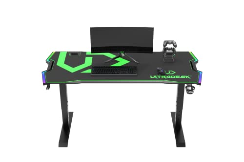 ULTRADESK Force | Computertisch Gaming-Schreibtisch mit Höhenverstellung & XXL-Pad, 2 Kabeldurchlässe | Ablage für Powerstrips, LED-RGB-Prismenbeleuchtung | Stahlrahmen, Grünes Pad, 166x70 cm von ULTRADESK