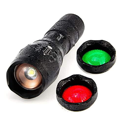 UltraFire A100 LED Taktische Taschenlampe Zoomable 900 Lumen 5 Modi mit Grün Rot Weiß Licht, IP65 Wasserdicht Mini Taschenlampe, 3 Farben Austauschbare Filter von UltraFire