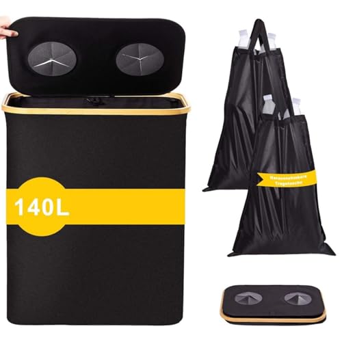 ULUCAN Pfandflaschen-Recyclingbehälter, 140 l große Pfandflaschen-Recyclingbox mit Doppelfach und Deckel, Aufbewahrungsbehälter für leere Flaschen mit 2 wiederverwendbaren,Black-57 * 37 * 67cm von ULUCAN