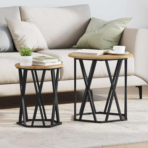 ULUYYUC 2 Stück Runder Beistelltisch Artisan Eiche MDF Braun Couchtisch Modernes Design mit Stahlrahmen für Wohnzimmer von ULUYYUC
