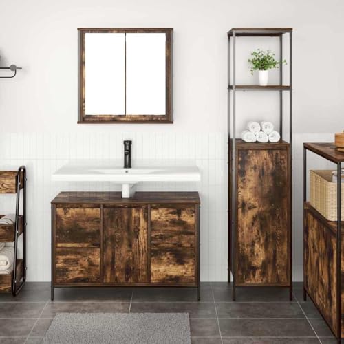 ULUYYUC Badezimmerschrank 2-TLG mit Räuchereiche und Schwarz 90x34,5x60 cm Massiver Holzwerkstoff Modernes Badmöbel mit viel Stauraum Robust & Langlebig für Badezimmer Gäste WC Flur von ULUYYUC