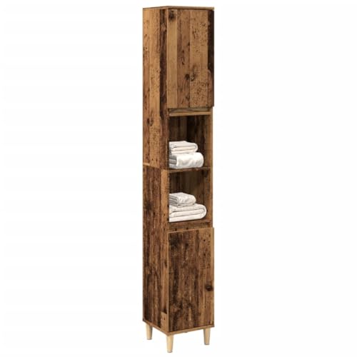 ULUYYUC Badezimmerschrank 30x30x190 cm Altholz Massivholzbeine 6 Fächer 2 Türen schmal Hochschrank mit Flexibler Türmontage Modernes Design für kleines Bad Flur und Küche von ULUYYUC