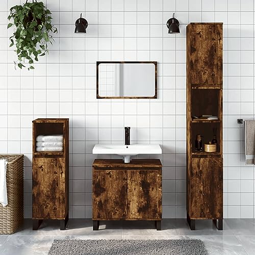 ULUYYUC Badezimmerschrank Räuchereiche 30x30x190 cm Holzwerkstoff mit Eisenfüßen Moderner Hochschrank mit 6 Fächern Flexibler Türanschlag für Badezimmer WC Flur von ULUYYUC