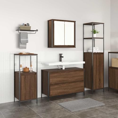 ULUYYUC Badmöbel Set 90x34,5x60 cm Badezimmerschrank Eiche braun rechteckig Modernes Design mit 3 Regalen & 4 Türen Robuste Bauweise für Bad WC Flur und Waschküche von ULUYYUC