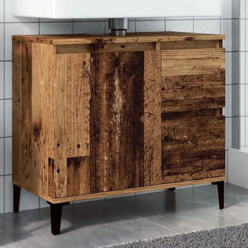 ULUYYUC Badschrank Altholz 65x33x60 cm mit 2 Schubladen und Tür Metallbeine Modernes Sideboard für Badezimmer Flur und kleine WC geeignet von ULUYYUC