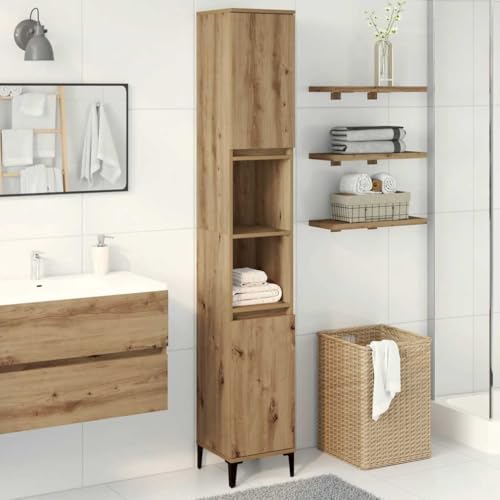 ULUYYUC Badschrank Artisan-Eiche 30x30x190 cm aus Holzwerkstoff mit Eisenfüßen Modernes Highboard mit 4 Türfächern & 2 offenen Böden Türen Links oder rechts montierbar für Badezimmer Flur Küche von ULUYYUC