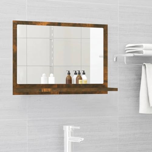 ULUYYUC Badspiegel mit Ablage Räuchereiche 60x37 cm Holzwerkstoff Modernes Design platzsparend für Badezimmer Gäste WC und Flur von ULUYYUC
