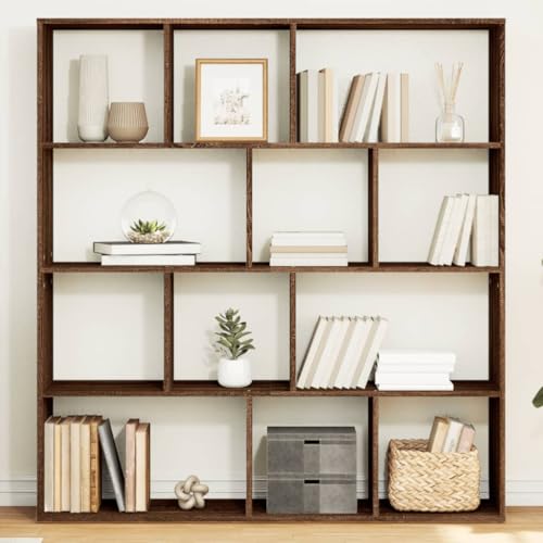 ULUYYUC Bücherregal Braun Eichen-Optik Holzwerkstoff 132x29x141,5 cm Schmaler Hochschrank mit 12 Offenen Fächern Raumteiler Regal für Wohnzimmer Möbel von ULUYYUC