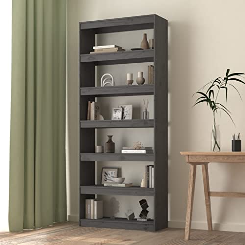 ULUYYUC Bücherregal Grau 80x30x199,5 cm Massivholz Kiefer Schmaler Raumteiler mit 6 Fächern für Wohnzimmer Flur oder als Deko-Regal von ULUYYUC