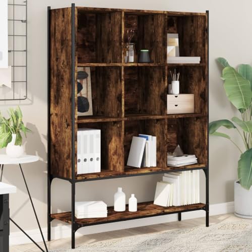 ULUYYUC Bücherregal Schmal 102x30x141,5 cm Räuchereiche Holzwerkstoff Stahl Regal Hoch Schmaler Regalschrank mit 9 Fächern Stabiles Design als Raumteiler für Wohnzimmer Büro Schlafzimmer von ULUYYUC