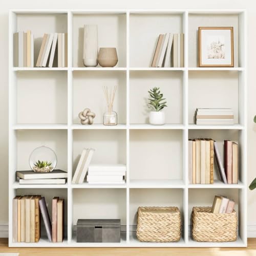 ULUYYUC Bücherregal Weiß 137,5 cm Holzwerkstoff Schmal Regal mit 16 Fächern Klassisches Design als Raumteiler für Wohnzimmer und Homeoffice von ULUYYUC