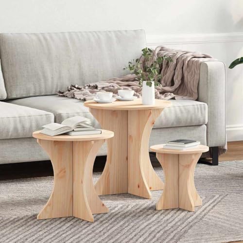 ULUYYUC Couchtisch 3er Set Natürlich Massivholz Kiefer Rund 46x46x47 cm Beistelltisch für Wohnzimmer mit Rustikalem Design und Leichter Mobilität von ULUYYUC