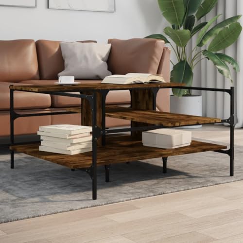 ULUYYUC Couchtisch Beistelltisch Quadratisch Räuchereiche Holzwerkstoff 100x100x48,5cm mit Stauraum Stahlbeine für Wohnzimmer von ULUYYUC