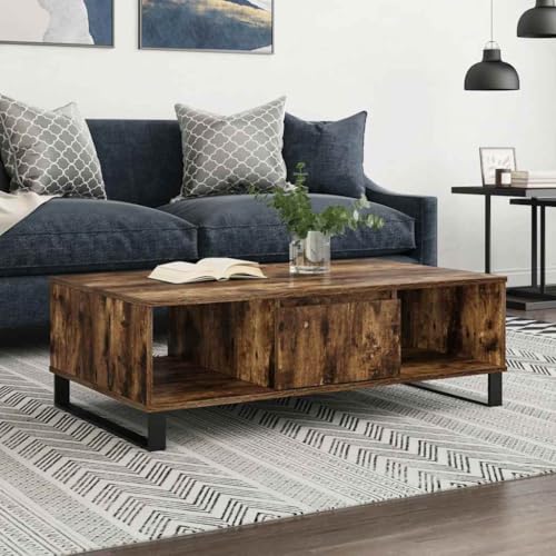 ULUYYUC Couchtisch Beistelltisch Räuchereiche Holzwerkstoff Eisen 104x60x35 cm mit 3 Fächern Stauraum - Kleiner Tisch für Wohnzimmer Schlafzimmer Flur von ULUYYUC