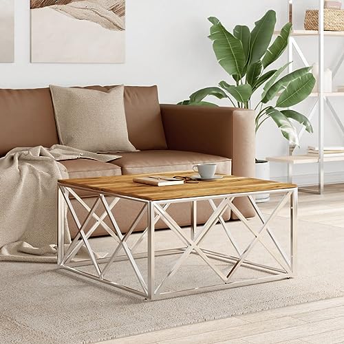 ULUYYUC Couchtisch Beistelltisch aus Silbernem Edelstahl und Massivholz Akazie Modernes Design Robust Langlebig 80x80x40 cm mit 15 mm Tischplatte für Wohnzimmer Schlafzimmer Flur als Dekotisch ULUYYUC Couchtisch Beistelltisch aus Silbernem Edelstahl und Massivholz Akazie Modernes Design Robust Langlebig 80x80x40 cm mit 15 mm Tischplatte für Wohnzimmer Schlafzimmer Flur als Dekotisch von ULUYYUC